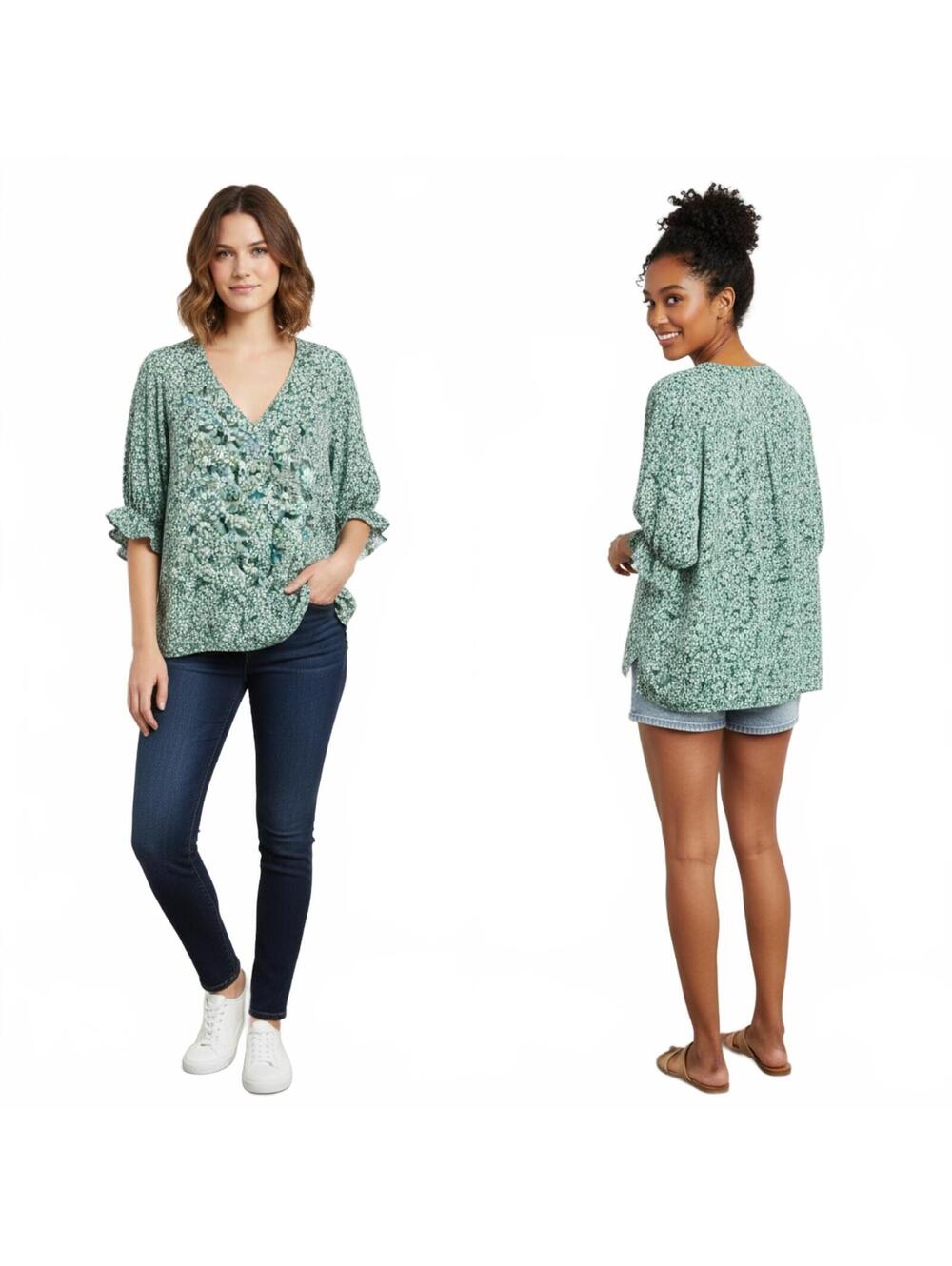 Well Worn Green Floral Print V-Neck Blouse Ruffle Sleeve Lightweight Top